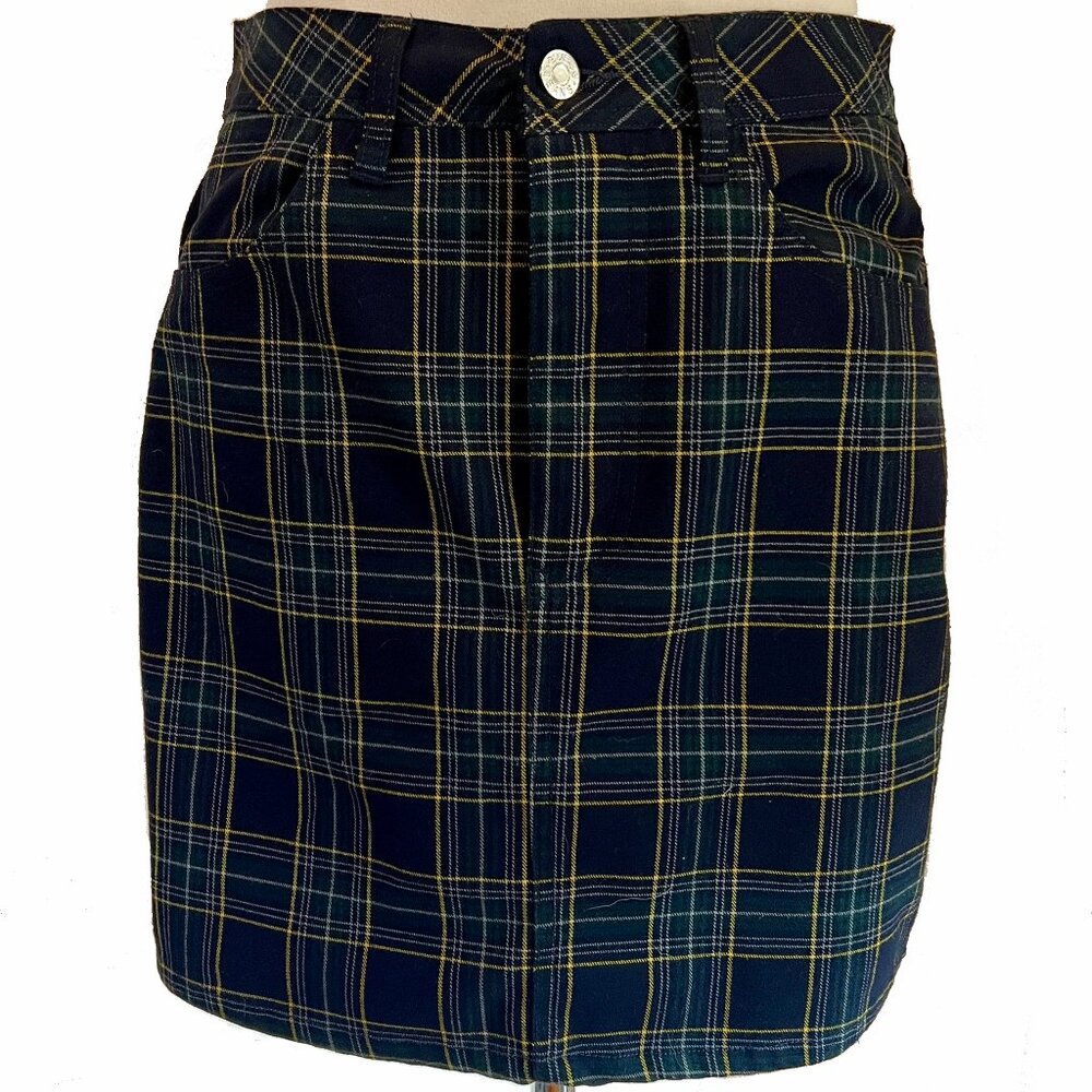 GUESS Jeans Navy Green Yellow Plaid Mini Skirt Zip Y2K Preppy Mean Girls Size M